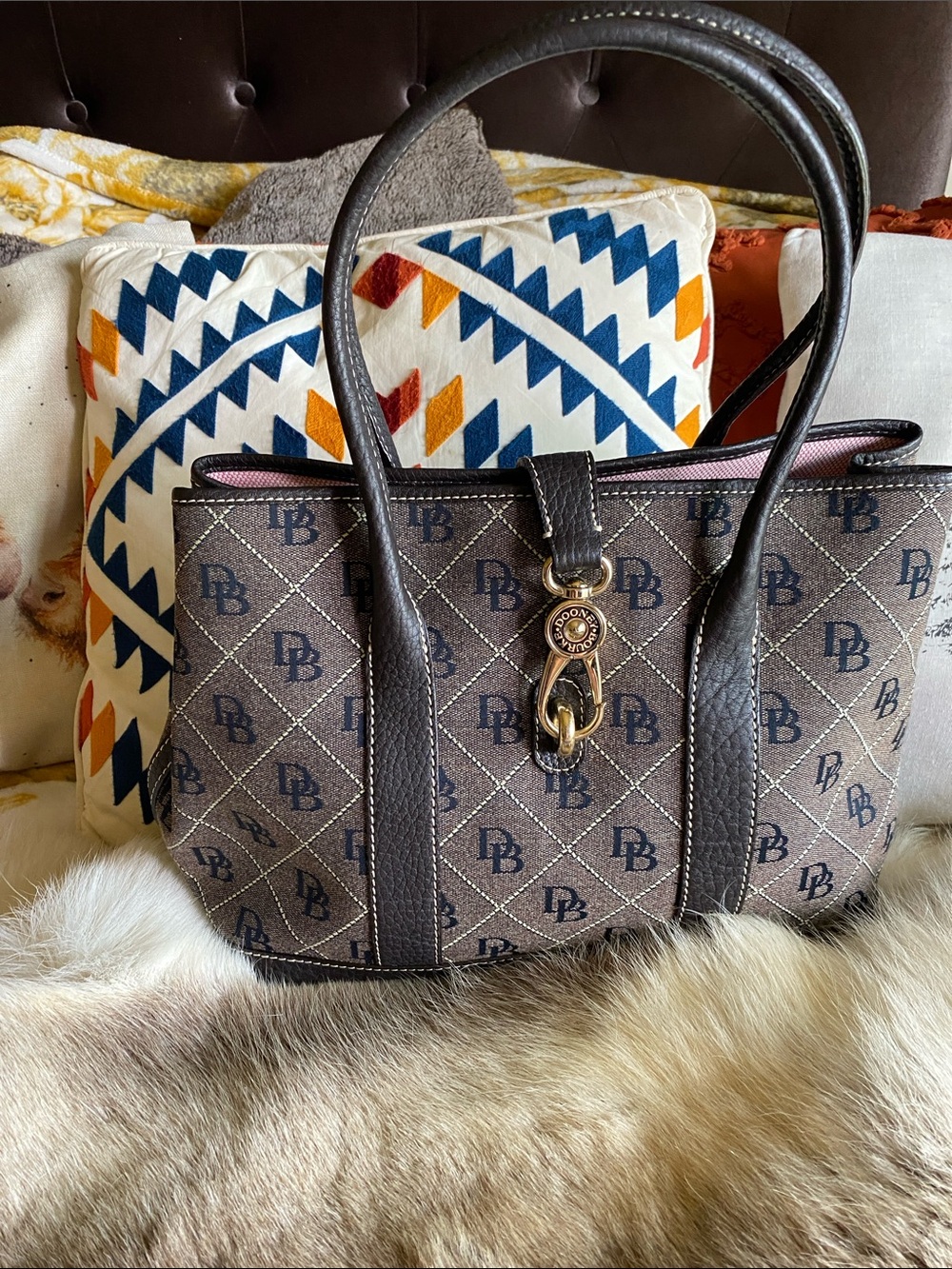 Dooney & Bourke Brown Monogram Leather-Trim Tote with Gold Hardware